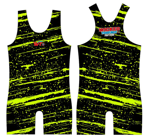 Wicked Threads “Neon Slash” Wrestling Singlet – Black & Yellow Splatter Design